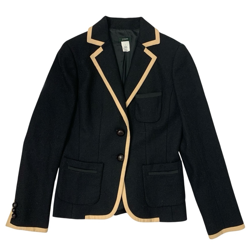 J. Crew Black Women’s Black Wool  Notched Lapel Cream Trim Blazer Size: 2